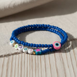 Handmade Blue Beaded Bracelet Set with Evil Eye Charm— Personalized Friendship Gift For Her, Stackable Stretch Jewelry
