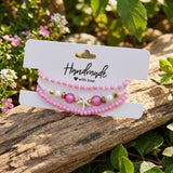 Handmade Pink White Gold Beaded Bracelet Set, Starfish Charm, Boho Ocean Jewelry