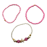 Handmade Pink White Gold Beaded Bracelet Set, Starfish Charm, Boho Ocean Jewelry