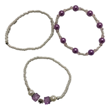 Handmade White Seed Bead Purple Pearl-Like Bracelet Set, Crystal Accents, Boho Ocean Jewelry
