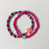 Handmade Beaded Friendship Bracelet Set (2 pcs) – Pink, Green & Blue Beads with Star Accents
