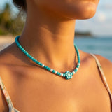 Turquoise Beaded Necklace with Flower Charm, Dainty Seed Beads Floral Jewelry, Metal-Plated Clasp with Extension Chain, Minimalist