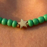 Green Seed Bead Necklace with Gold Star Charms, Dainty Beaded Jewelry Metal-Plated Clasp w/ Extension Chain