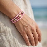 Handmade Pink White Gold Beaded Bracelet Set, Starfish Charm, Boho Ocean Jewelry