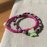 Handmade Pink Green Blue Beaded Bracelet Set, Butterfly Charm & Oval Accent, Playful Boho Jewelry
