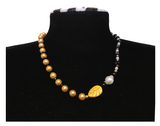 Handcrafted Classic Yellow Pearl Necklace w/ Glass Crystal Beads, Metal-Plated Clasp w/ Extension Chain