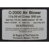 Air 3210231 Blower, Supp Comet 2000,1.0hp,230v,2.5A,4ft Mini Molded