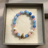Pastel Ocean Beaded Bracelet, Gold Seashell Charm, Beach Jewelry