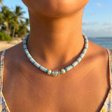 Turquoise Heishi Bead Necklace, Surfer Style Beach Beaded Jewelry, Pastel Pink Blue Choker, Metal-Plated Clasp w/ Extension Chain