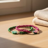 Green & Pink Fruit Beaded Bracelet Set, Strawberry and Kiwi Charms— Handmade Colorful Bead Stretch Jewelry Gift For Her