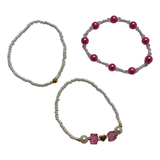 Handmade Pink White Beaded Bracelet Set, Heart Charm, Boho Ocean Jewelry