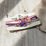 Purple Pink Evil Eye Bracelet Set, Butterfly Crown Charm Friendship Bracelets, Adjustable Beaded Jewelry Gift