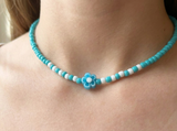 Turquoise Beaded Necklace with Flower Charm, Dainty Seed Beads Floral Jewelry, Metal-Plated Clasp with Extension Chain, Minimalist