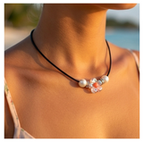 Elegant Flower Design Necklace with Acrylic White Pearl Beads, Black Cord, Lobster Claw with Extension Chain