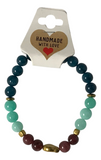 Teal and Mint Beaded Bracelet with Gold Center Accent, Stretch Boho Handmade Gemstone, Stacking Natural Stone, Gift for Her