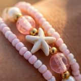 Handmade Pastel Pink White Gold Beaded Bracelet Set, Starfish Charm, Boho Ocean Jewelry