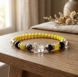 Handmade Beaded Bracelet – Yellow, Black, Clear & Marbled-Style Beads with Clear Butterfly Charm, Boho Jewelry