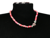 Pink Heishi Bead Necklace, Surfer Style Beach Flower Beaded Jewelry, Pastel White Coral Choker, Metal-Plated Clasp w/ Extension Chain
