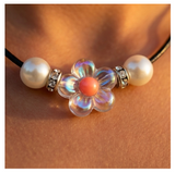 Elegant Flower Design Necklace with Acrylic White Pearl Beads, Black Cord, Lobster Claw with Extension Chain