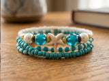Handmade Turquoise White Pearl-Like Beaded Bracelet Set, Starfish Charm, Boho Ocean Jewelry