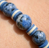 Handmade K2 Stone & Azurite Granite Stretch Bracelet with Blue & White Heishi Polymer Clay Spacer Beads