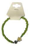 Green Seed Bead Daisy Bracelet with Initial O, Cute Personalized Stretch Jewelry, Symbol of Growth & Happiness Gift