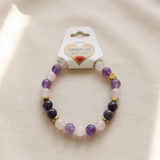 Purple & Pink Beaded Bracelet, Natural Stone Stretch Gemstone with Gold Heart Charm, Minimalist Boho Stackable, Gift for Women