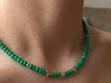 Green Seed Bead Necklace with Gold Star Charms, Dainty Beaded Jewelry Metal-Plated Clasp w/ Extension Chain