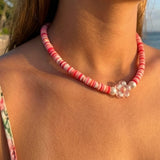 Pink Heishi Bead Necklace, Surfer Style Beach Flower Beaded Jewelry, Pastel White Coral Choker, Metal-Plated Clasp w/ Extension Chain