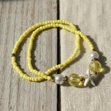 Handmade Yellow Beaded Bracelet Set with Star Fish Charm— Pearl Accent Beads, Beachy Stackable Summer Coastal Boho Jewelry