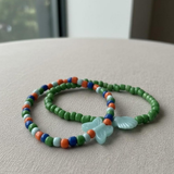 Shell Butterfly Charm Beaded Bracelet Set, Colorful Blue Green Orange Bracelet, Summer Beach Jewelry Friendship Bracelet