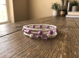 Handmade White Seed Bead Purple Pearl-Like Bracelet Set, Crystal Accents, Boho Ocean Jewelry