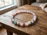 Rose Quartz Beaded Bracelet - White Pink & Blue Pastel Natural Stone Stretch Bracelet with Small Gold Heart Charm, Healing Crystal Jewelry