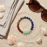 Natural Stone Beaded Bracelet – Blue Green Red Bead Smooth Round Gemstone, Stretch Boho Jewelry