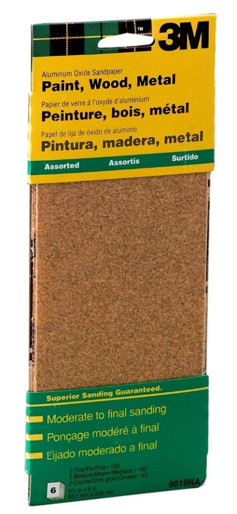 3M 9019NA 3-2/3 in. x 9 in. Assorted Grits Aluminum Oxide Sandpaper 6-Pack