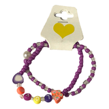 Handmade Purple White Beaded Bracelet Set, Heart & Flower Charms, Playful Boho Jewelry