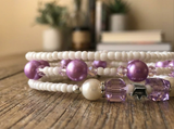 Handmade White Seed Bead Purple Pearl-Like Bracelet Set, Crystal Accents, Boho Ocean Jewelry