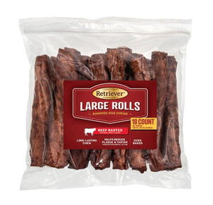 Retriever Large Rolls 420TSC Natural Beef Basted Rawhide Dog Chew Treats - 18 Ct