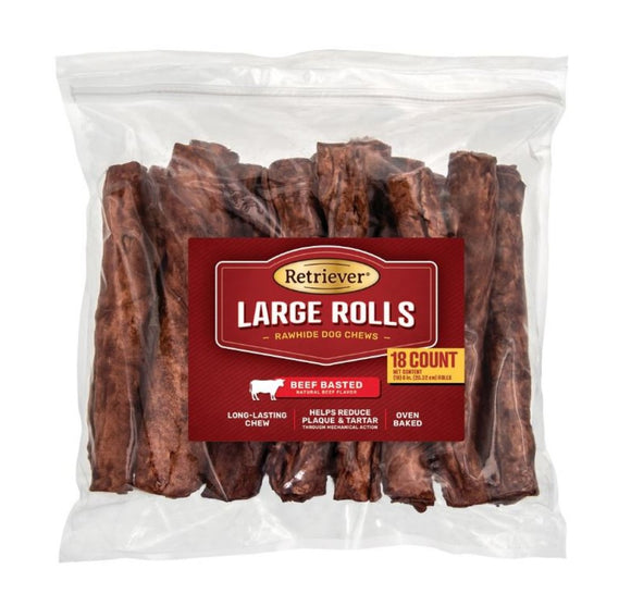 Retriever Large Rolls 420TSC Natural Beef Basted Rawhide Dog Chew Treats - 18 Ct