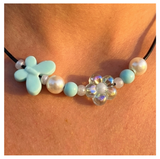 Handcrafted Flower-Butterfly Design Necklace with Acrylic White Pearl Beads, Black Cord, Lobster Claw with Extension Chain
