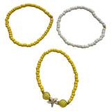 Handmade Yellow White Beaded Bracelet Set, Starfish Charm, Boho Ocean Jewelry