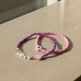 Handmade Pink Purple Beaded Bracelet Set, LOVE & Heart Design, Playful Boho Jewelry