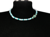 Turquoise Heishi Bead Necklace, Surfer Style Beach Beaded Jewelry, Pastel Pink Blue Choker, Metal-Plated Clasp w/ Extension Chain