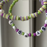 Handmade Green Purple Beaded Bracelet Set, Striped & Letter Design, Playful Boho Jewelry