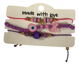 Purple Pink Evil Eye Bracelet Set, Butterfly Crown Charm Friendship Bracelets, Adjustable Beaded Jewelry Gift