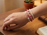 Handmade Pink White Beaded Bracelet Set, Heart Charm, Boho Ocean Jewelry