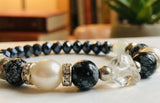 Handmade Beaded Bracelet – Faceted Jet Black & White Pearl-Style Beads, Monochrome Boho Chic Jewelry