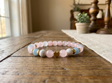 Rose Quartz Beaded Bracelet - White Pink & Blue Pastel Natural Stone Stretch Bracelet with Small Gold Heart Charm, Healing Crystal Jewelry