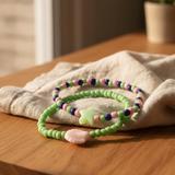 Pastel Mermaid Seed Bead Bracelet Set, Green Pink Shell & Star Charm Jewelry