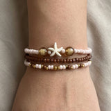 Handmade Sandrift Brown Gold Beaded Bracelet Set, Starfish Charm, Boho Ocean Jewelry